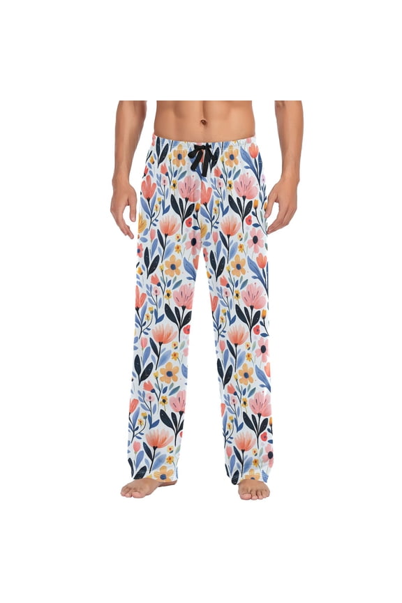 Hand Painted Cute Flower Watercolor Mens Pajama Pant Sleep and Lounge Bottons with Pockets