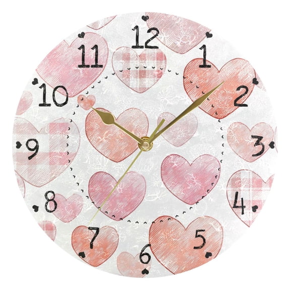 Hand Painted Cute Hearts Valentine Round Wall Clock Silent Analog Battery Operated Gold Pointer Home Decor 9.84" Diameter