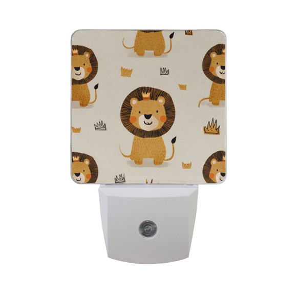Hand Painted Cute Lion Sit on Meadow LED Night Light Sensor Lamp Plug-in Adjustable Brightness 2 Pack