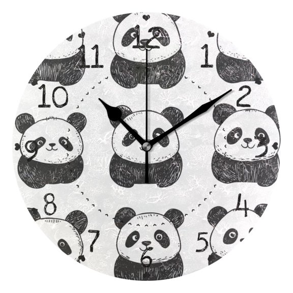 Hand Painted Cute Panda Faces Round Wall Clock Silent Analog Battery Operated Black Pointer Home Decor 9.84" Diameter
