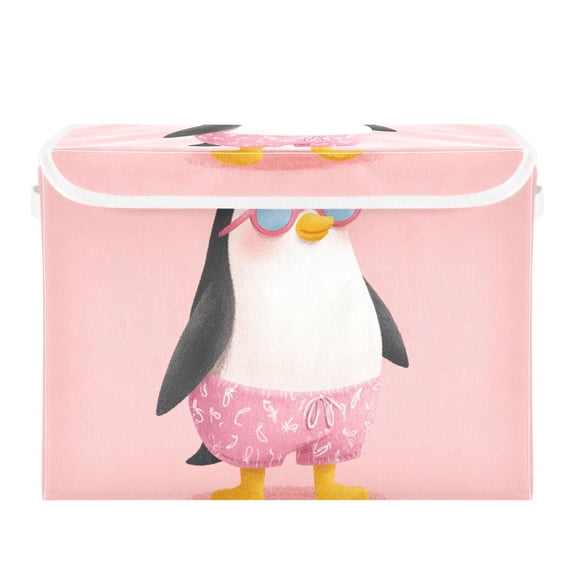 Hand Painted Cute Penguins Foldable Storage Bin with Lid and Handle Collapsible Storage Box 16.5 x 12.6 x 11.8 inches