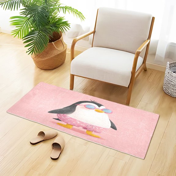 Hand Painted Cute Penguins Plush Carpet Non Slip Runner Rug Absorbent Bath Mat 39" x 20"