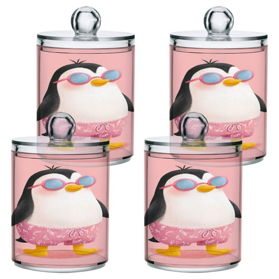 Hand Painted Cute Penguins Translucent Plastic Cans Storage Canisters with Lid Set of 4