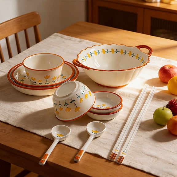 Hand Painted Daisy Ceramic Dinnerware Set Microwave Dishwasher Oven Safe Daily Use