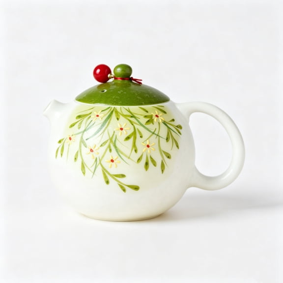 Hand-Painted Daisy Ceramic Teapot, Green Lid Yellow Floral Small Tea Pot, 160ml Glazed Ceramic Teapot with Red Green Knob for Tea Serving Home Decor Gift