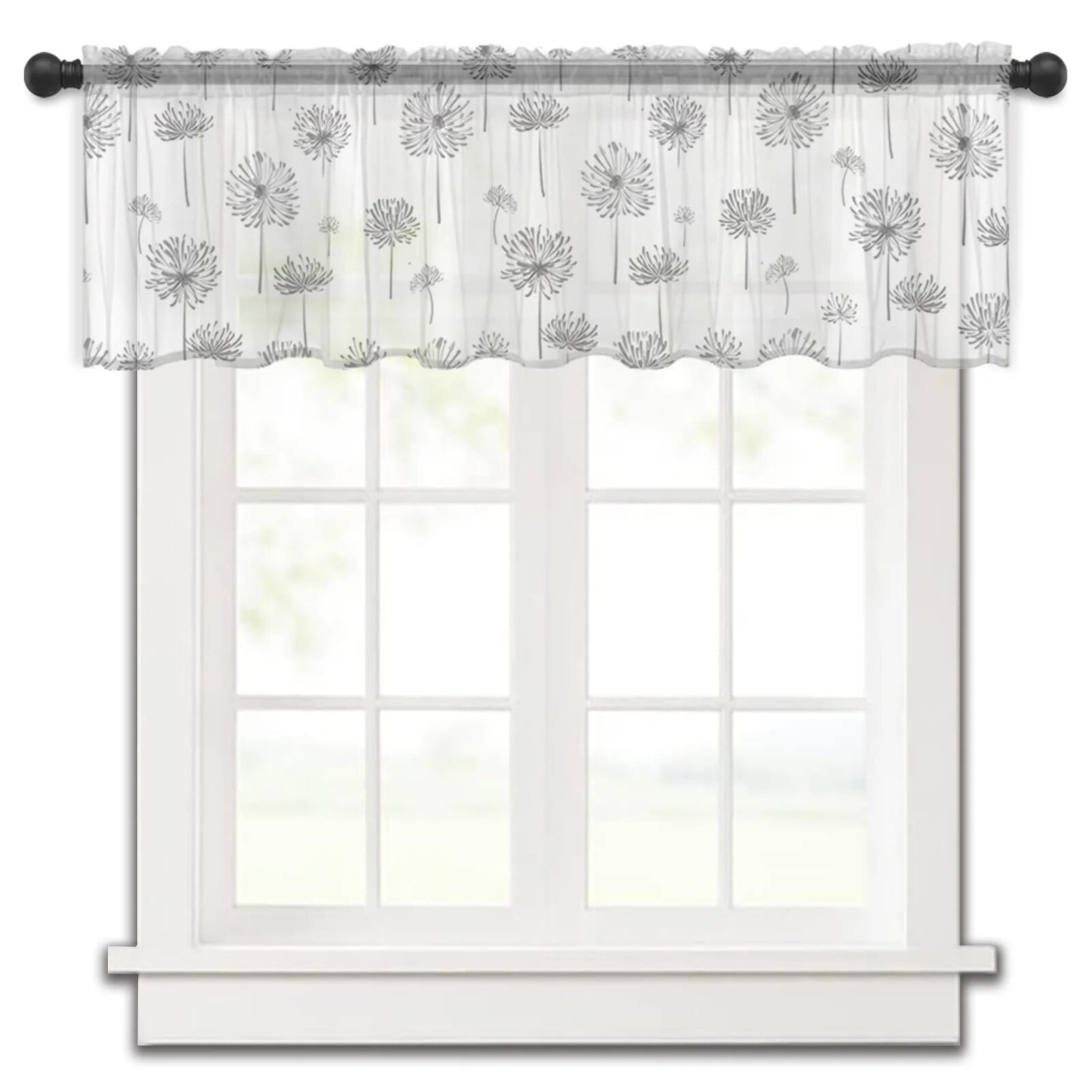 HandPainted Dandelion Plant Black Kitchen Curtains Tulle Sheer Short