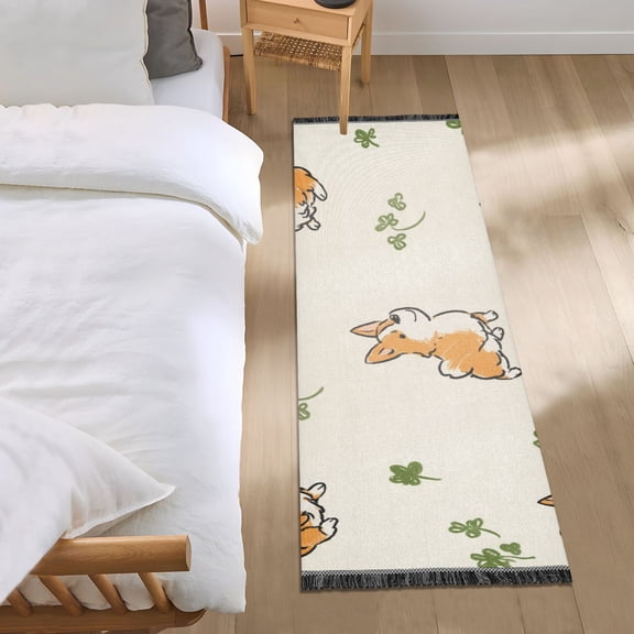 Hand Painted Dogs and Clovers Bedside Runner Rug 2'x 6' Non Slip Carpet Floor Mat Area Rug