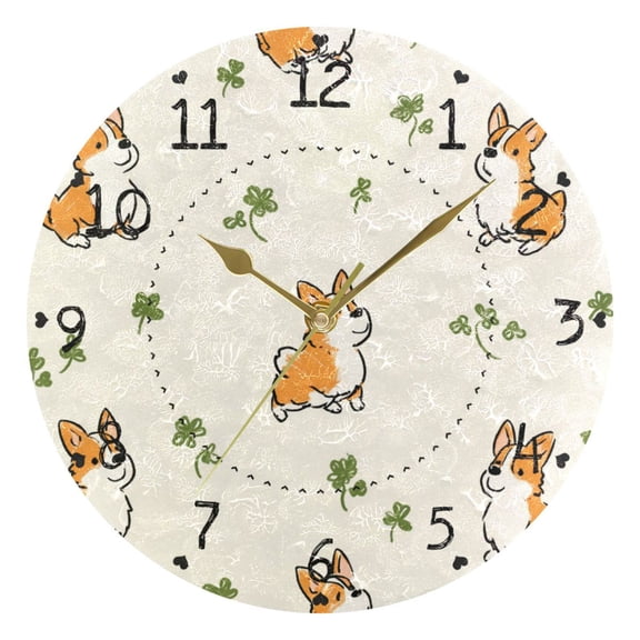 Hand Painted Dogs and Clovers Round Wall Clock Silent Analog Battery Operated Gold Pointer Home Decor 9.84" Diameter