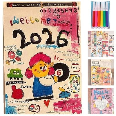 Hand-Painted Doodle Wall Calendar ‌2026,Unique 12 Month Art Calendar with Colorful Illustrations, Large Date Grids for Home Office & School Planning & Organizing, Artistic Wall Decor Gift