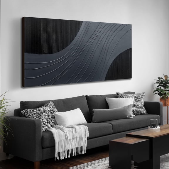Dark Grey Black Abstract Wall Art Picture, Modern Flowing Curved Line Textured Canvas Painting, 100% Hand Painted 3D Thick Texture Artwork for Living Room Bedroom, 58x29 Inch