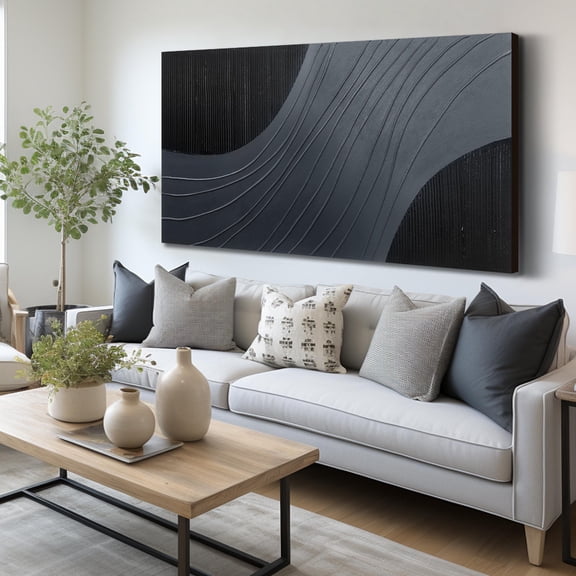 Dark Grey Black Abstract Wall Art Picture, Modern Flowing Curved Line Textured Canvas Painting, 100% Hand Painted 3D Thick Texture Artwork for Living Room Bedroom, 48x24 Inch