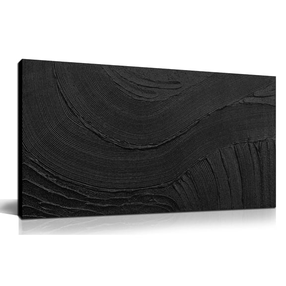 Solid Black Abstract Wall Art Picture, Modern Minimalist Wave Textured Canvas Painting,100% Hand Painted 3D Thick Texture Artwork for Living Room Bedroom,40x20 Inch