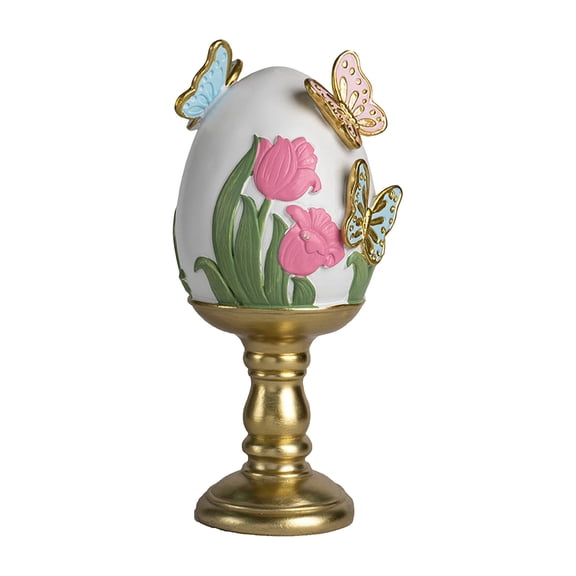 Hand-Painted Easter Egg Decor with Gold Cup Base - Elegant Resin Egg Centerpiece for Holiday Table Decor, Easter Home Ornament & Gift