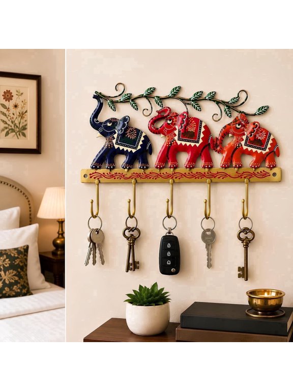 Hand-Painted Elephant Metal Wall Hanger with 5 Hooks for Clothes, Shirts, Jeans, Keyrings and Keychains, Decorative Entryway and Bedroom Organizer, 14 Inch