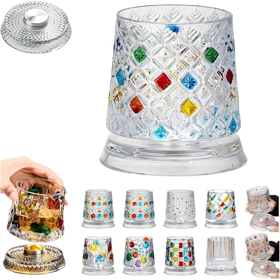 Hand-Painted Embossed Spinning Whiskey Glass Rotating Crystal Scotch Bourbon Spinning Drinking Glasses Cup Minimal Luxury Old with Smooth 360 Spin Design(Model C)