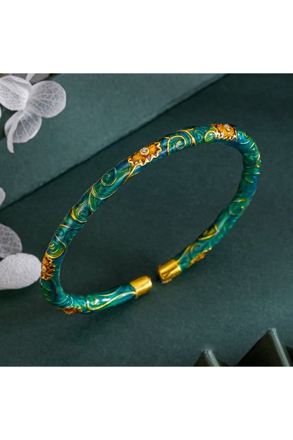 Hand-Painted Enamel Bangle Timeless Elegance Cloisonné Bracelet Gift-ready Packing K-Gold Plated Floral Cuff