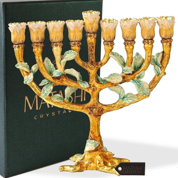 Hand Painted Enamel Menorah Candelabra with a Tree and Flower Buds Design and Embellished with Gold Accents and High Quality Crystals