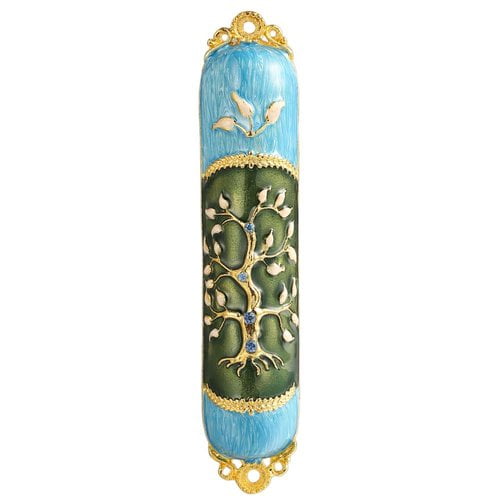 Hand Painted Enamel Mezuzah Embellished with a Tree of Life Design with Gold Accents and Crystals by Matashi, (MTMZ221)