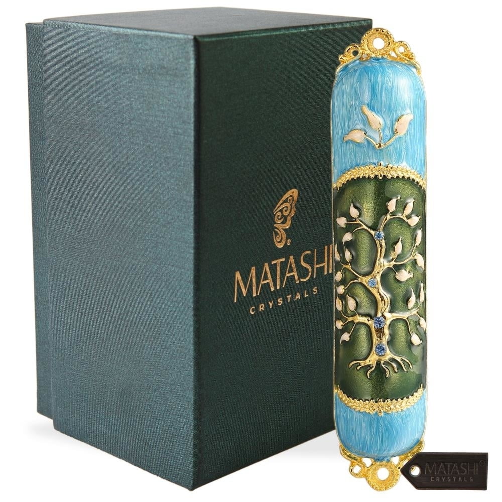 Hand Painted Enamel Mezuzah Embellished with a Tree of Life Design with Gold Accents and Crystals by Matashi, (MTMZ221)