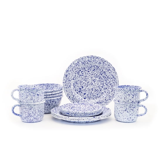 Hand-Painted Enamelware Set of 16 Pieces - Blue Freckles Design - Artesano Home Decor