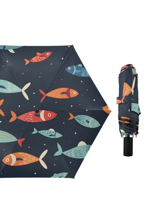 Hand Painted Fishes All Weather Umbrella Triple Folding Parasol 6 Ribs UV Protection Portable