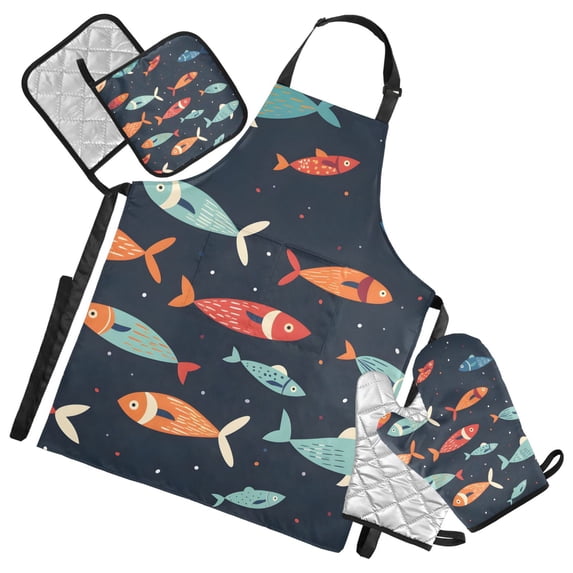 Hand Painted Fishes Apron Set with Oven Mitts Pot Holders Set of 5 Kitchen Stuff Accessories