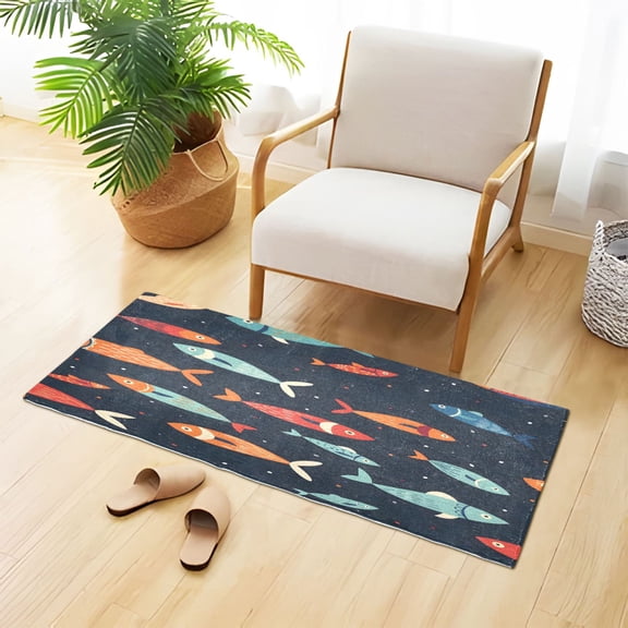 Hand Painted Fishes Plush Carpet Non Slip Runner Rug Absorbent Bath Mat 39" x 20"