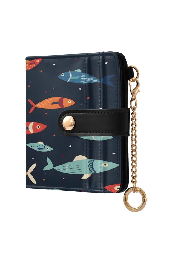 Hand Painted Fishes Women's Wallet PU Leather Card Cases RFID Blocking Purse Billfold with Key Ring