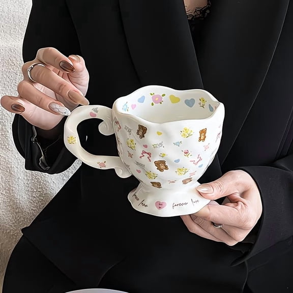 Hand-Painted Floral Bear Ceramic Mug 16oz Large Capacity Coffee Tea Cup for Home Kitchen Dcor Gifts