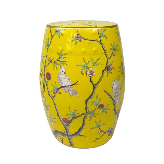 Hand-Painted Floral Bird Ceramic Drum Stool - Oriental Artistry Storage Ottoman, Accent Seat, End Table