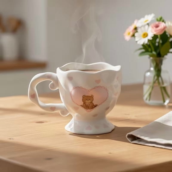 Hand-Painted Floral Bow Teddy Bear Mug 16oz Large Ceramic Coffee Cup for Whimsical Home Decor Kitchen Art Compatible with Standard Microwave and Dishwasher