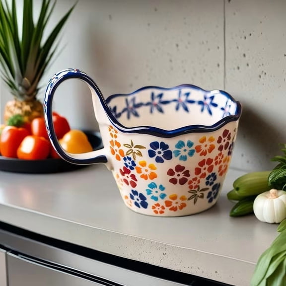Hand-Painted Floral Ceramic Mug with Insulated Double Wall, Microwave Safe Coffee Tea Cup for Home Office Desk Use