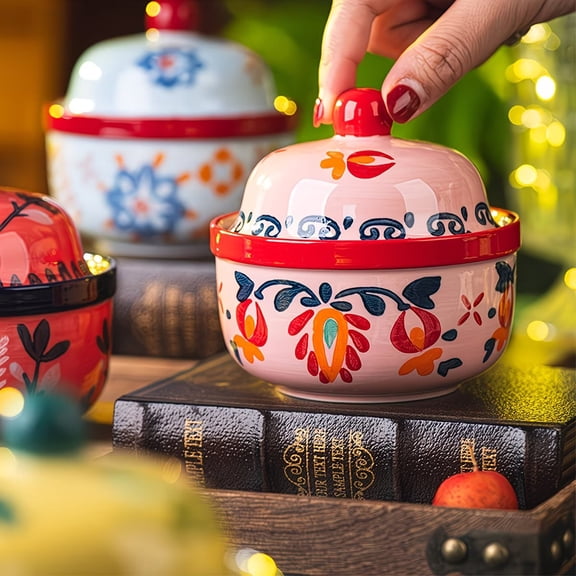 Hand-Painted Floral Ceramic Storage Jar 450ml Oven-Safe Kitchen Canister for Salt Sugar Candy Spices