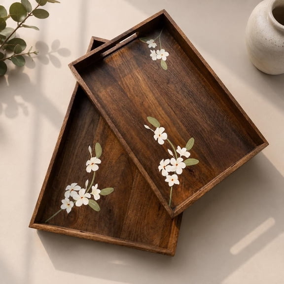 Hand-Painted Floral Mango Wood Serving Tray, Rustic Kitchen Breakfast Platter