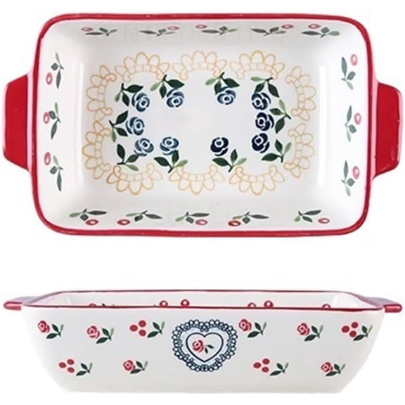 Hand-Painted Flower Ceramic Baking Dish Rectangular Double-Handled Baked Rice Steak Pan Large