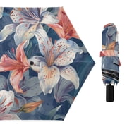 Hand Painted Flowers All Weather Umbrella Triple Folding Parasol 6 Ribs UV Protection Portable
