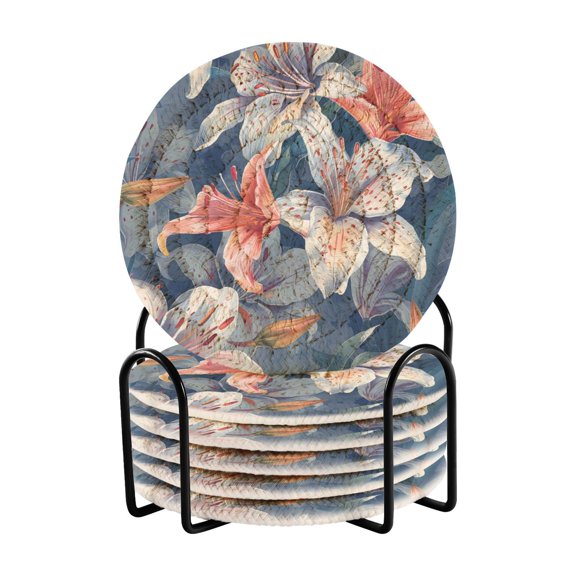 Hand Painted Flowers Drinking Coasters Cup Mat with Holder for Kitchen Cafe Bar 6 Packs