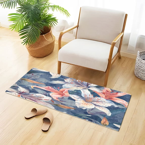 Hand Painted Flowers Plush Carpet Non Slip Runner Rug Absorbent Bath Mat 39" x 20"