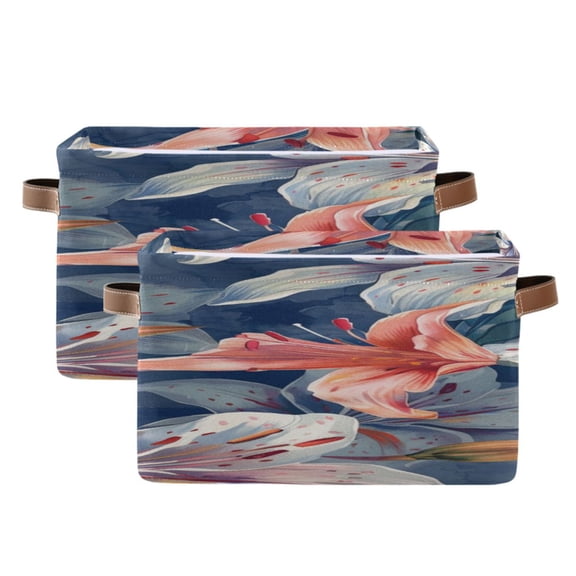 Hand Painted Flowers Square Storage Bins with Handles Collapsible Containing Box 2 Packs