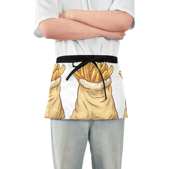 Hand Painted French Fries Short Server Apron with 3 Pockets for Unisex Chef Gardening