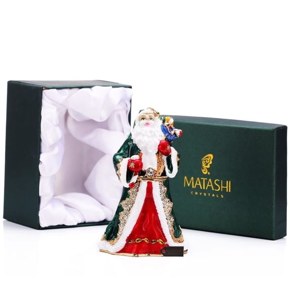 Matashi Hand Painted & 24K Gold Plated Santa Ornament,Trinket Box Embellished with Crystals Home Decorative Gift for Christmas, Birthday, Holiday