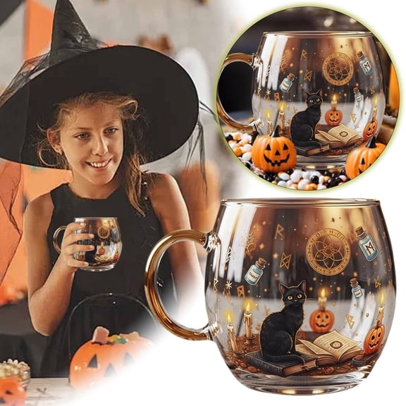 Hand Painted Glass Coffee Mug with Christmas and Halloween Designs, Winter Scenery Pumpkin Pattern, Stoneware Cup Set for Seasonal Decor