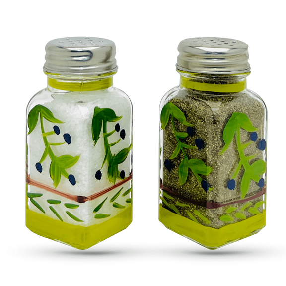 Hand Painted Glass Oliva Branch Salt and Pepper Shakers Set