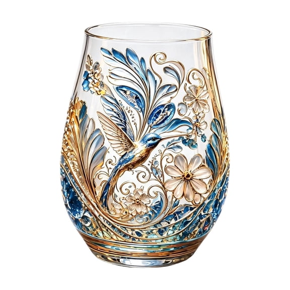 Hand Painted Glass Tumbler Hummingbird Floral Pattern for Water Juice Cocktails Home Decor Gift
