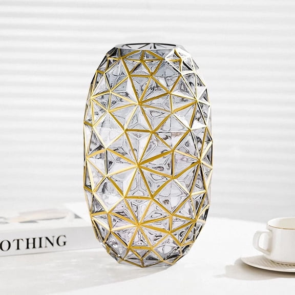 Hand Painted Gold and Grey Diamond Shaped Glass Crystal Vase 13.6 inch Tall,Modern Large Glass Home Office Decor for Living Room Dining Table Centerpieces, Birthday and Wedding A101