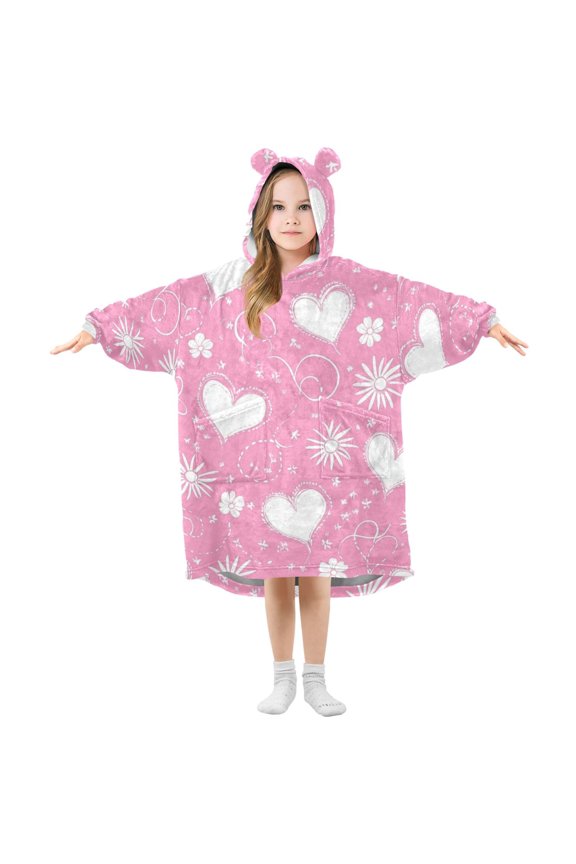 Hand Painted Hearts Flowers Lines Valentine Flannel Wearable Blankets Hooded Design Long Sleeves Wrap Unisex for 3T-14Y S