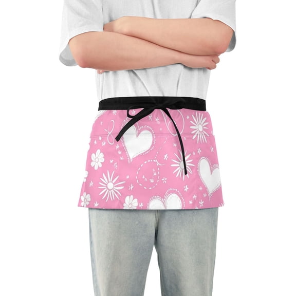 Hand Painted Hearts Flowers Lines Valentine Short Server Apron with 3 Pockets for Unisex Chef Gardening