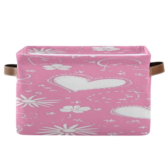 Hand Painted Hearts Flowers Lines Valentine Square Storage Bins with Handles Collapsible Containing Box 1 Pack