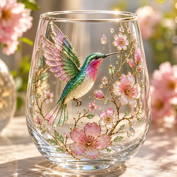 Hand-Painted Hummingbird Floral Stemless Wine Glass, Gold Rimmed Elegant Crystal Cup for Drinks, Home Decor & Gifting