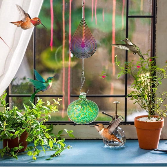 Hand-Painted Hummingbird Shaped Feeder and Wind Chime, Outdoor Pendant with Sunlight Refractor for Garden Decor and Bird Attraction D